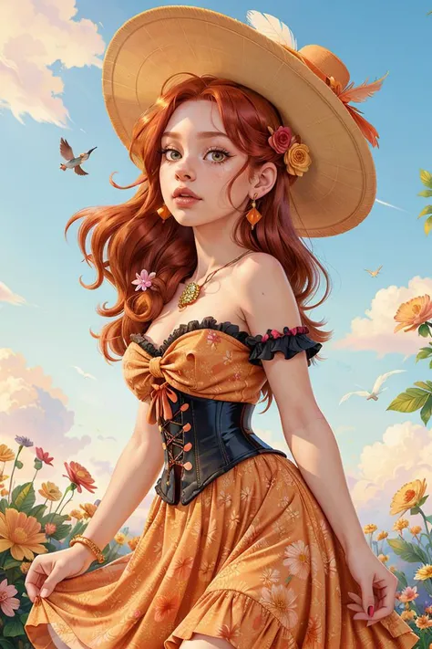 photo RAW,(Whimsical facial expression 1girl, solo, long hair, Amber eyes, Raspberry Coulis Red hair, hat, dress, bow, Playing with hair pose, bare shoulders, jewelry gems, flower, earrings, parted lips, blurry, orange dress, lips, depth of field, bird, ri...