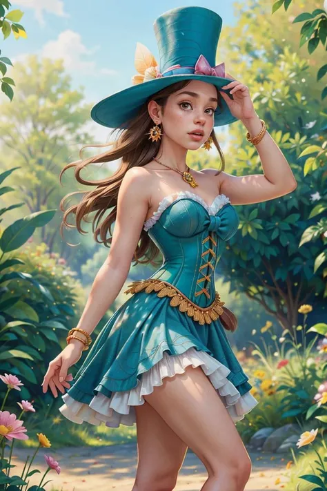 photo RAW,(Startled facial expression 1girl, solo, long hair, Gray eyes, Nutmeg Brown hair, hat, dress, bow, Balancing on tiptoes pose, bare shoulders, jewelry gems, flower, earrings, parted lips, blurry, blue dress, lips, depth of field, bird, ring, feath...