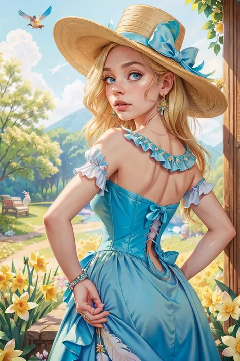 photo RAW,(Bored facial expression 1girl, solo, long hair, Light Blue eyes, Daffodil Blonde hair, hat, dress, bow, Hand on the hip, looking back over the shoulder pose, bare shoulders, jewelry gems, flower, earrings, parted lips, blurry, Fuchsia dress, lip...