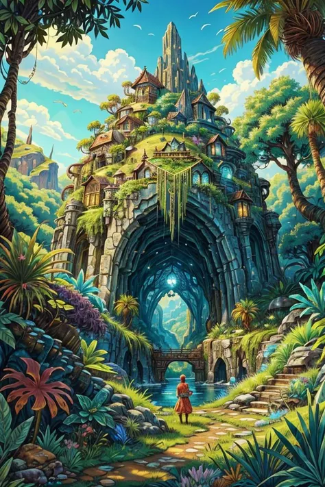 masterpiece, best quality, 
Fantasy wasteland, surrounded by lush vegetation, by lush vegetation