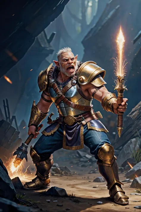 male man Orc warrior wearing metallic armor with gold accents, holding a giant two-handed axe resting his feet on dead humans, furious look, scream, battle, atmosphere, dynamic pose, dynamic camera, close-up, percussion hands, splashes, dust, sparks, highl...