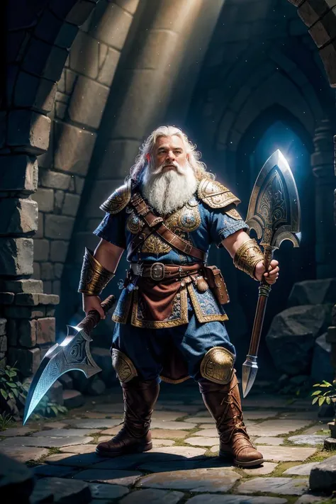 Realistic, hyper detailed, award winning masterpiece, full body portrait, ((ultra-high resolution 16k intense color portrait)), In Norse mythology, dungeons and dragons dwarf with a large axe and shield who just killed a demon, intricate, natural lighting,...