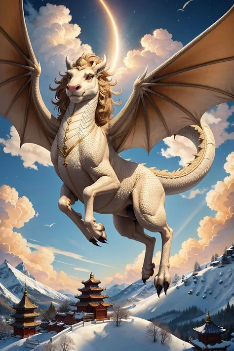 (dynamic pose:1.2),(dynamic camera),Dragon, Chinese style, two front legs, two hind legs, elegant, golden eyes, long mane on its back, snow-white scales, soaring amidst clouds, patterns, masterpiece, detailed, RAW photo, full sharp, (FullHD epic wallpaper)...