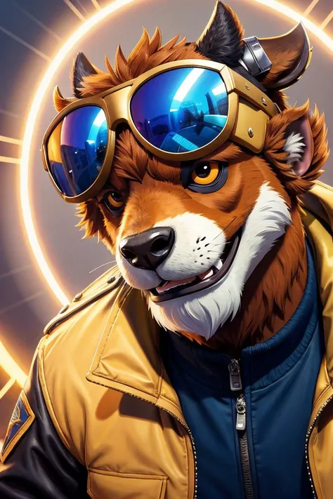 (dynamic pose:1.2),(dynamic camera),a bison wearing sunglasses and a jacket, fur, high detail iconic character, googles, fursona wearing stylish clothes, close up character, super cool rocket, nick wilde