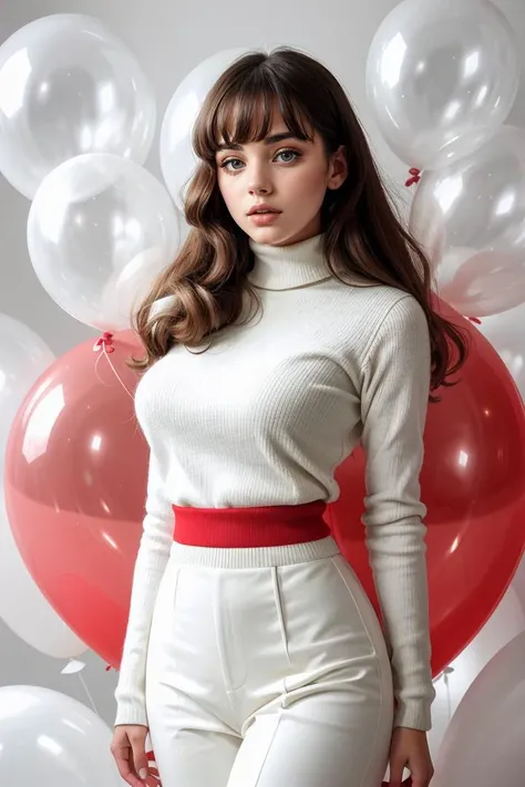 a cinematic fashion portrait photo of beautiful young woman from the 60s wearing a red turtleneck standing in the middle of a ton of white balloons
,RAW photo, full sharp, (FullHD epic wallpaper) 8k uhd, dslr, natural lighting, high quality, (hdr)