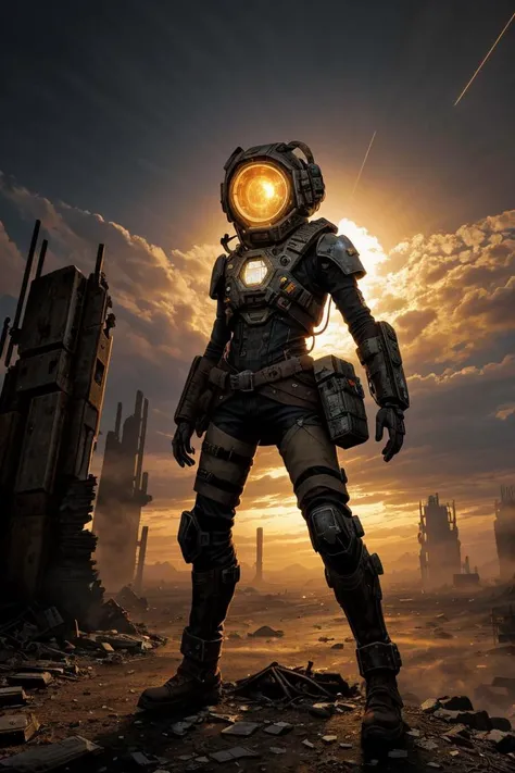 a Post-apocalyptic scavenger wearing a patched-together outfit, casually leaning against a rusted, half-buried spaceship in a vast desert wasteland, (intricate details), (****), eldritch, (nightmare), insane, horror (theme), glow, glowing eyes, volumetric ...