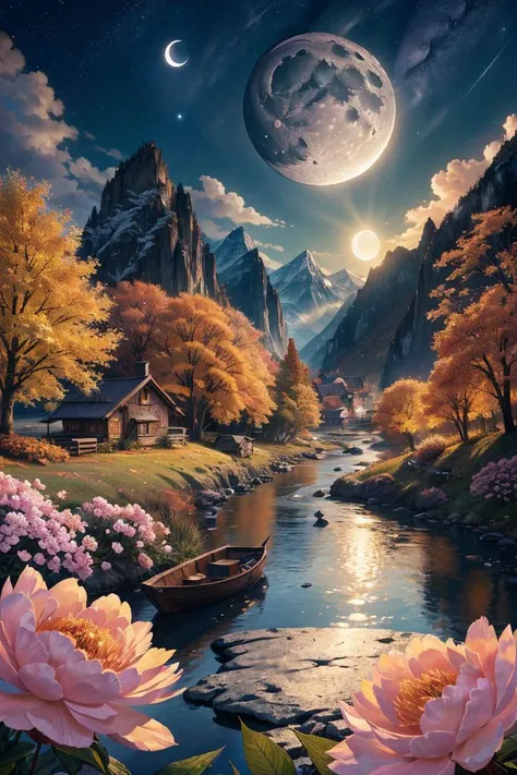 (dynamic pose:1.2),(dynamic camera),(night moon autumn:1.3) ,sunrise,mountains and a wooden village on river, (Peony flowers on foreground), sunrays, lens flare, 4k highly detailed digital art, 8k hd wallpaper very detailed, impressive fantasy landscape, s...