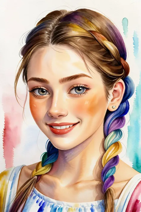 (watercolor painting, soft, vibrant, blended, hand-painted:1.2) <lora:MaryAmber_v1-000020:.9> MaryAmber, focus on eyes, close up on face, smiling, hair styled French braid hair