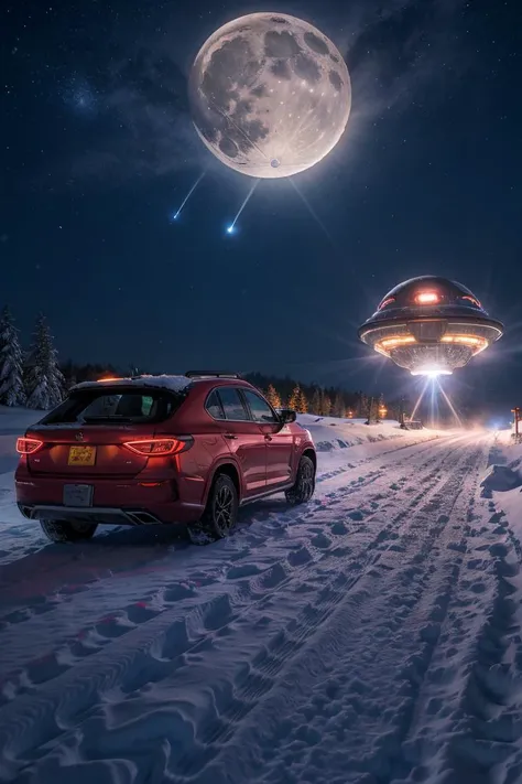 (dynamic pose:1.2),(dynamic camera),(night,moon),winter,red car riding on snow road,(snowstorm:1.3),(alien spaceship attack in the sky:1.2)
, RAW photo, full sharp, (FullHD epic wallpaper) 8k uhd, dslr, soft lighting, high quality, film grain, Fujifilm XT3