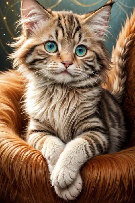 (masterpiece, award winning, sidelighting, (finely detailed beautiful eyes: 1.2), hdr, (photorealistic:1.2), (surrealism art:1.3), adorable kitten, Maine Coon breed, fluffy fur cascading in gentle waves, vibrant orange and white coat, twinkling green eyes ...