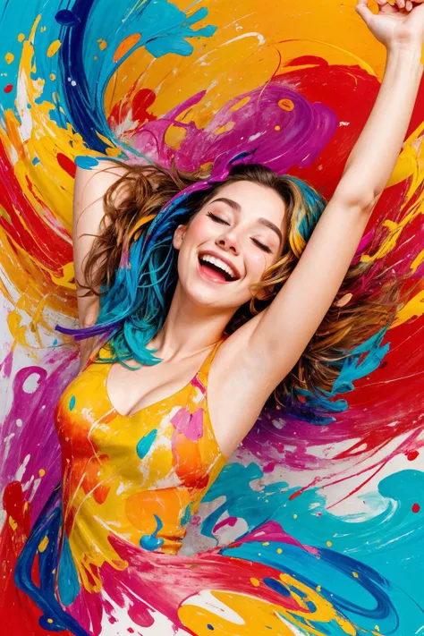 Abstract photo, upper body photo of 24 years old Victoria, abstract expressionism style, a happy woman surrounded by vibrant, swirling colors, radiant smile, eyes filled with joy and laughter, eyes closed, emotions splashed across the canvas, a burst of po...