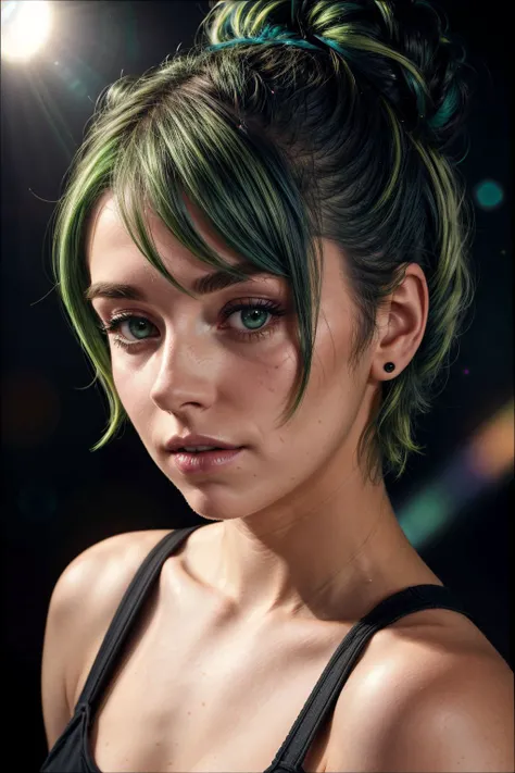 upper body, polaroid photography of mature woman, Space buns haircut, Neon green haircolor, eye level, silhouetted against the bright light, bokeh, detailed skin, skin blemish, sharp focus, shot on Hasselblad X1D II, in the style of (Chris Friel:1.4), <lor...