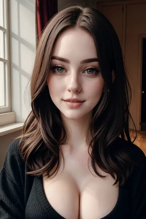 instagram photo, closeup face photo of 23 y.o Amy, in black sweater, cleavage, pale skin, (smile:0.4), hard shadows, glossy lips, lust, hot