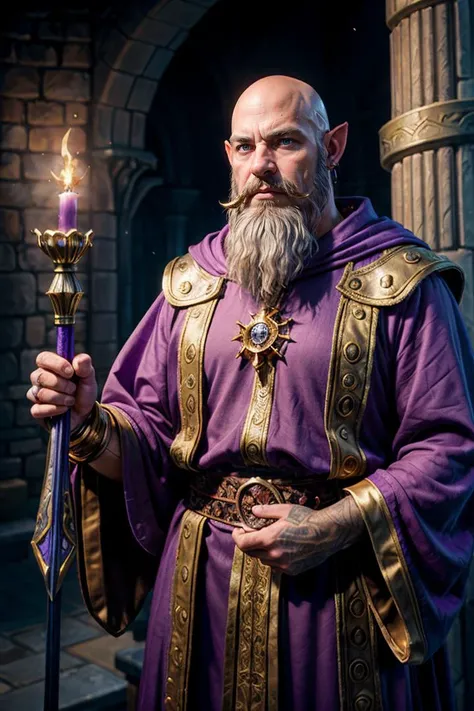 photo RAW,(Warcraft style bust of fantasy male wizard, middle-aged, slim, bald head, mid-length grey beard, purple robes with gold detail, standing in a magical tower), masterpiece, award winning photography, lighting, perfect composition, high detail, hyp...