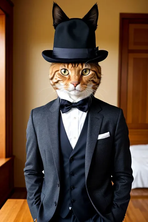 a photo of the most handsome cat, with a hat, his name is jack, stylish