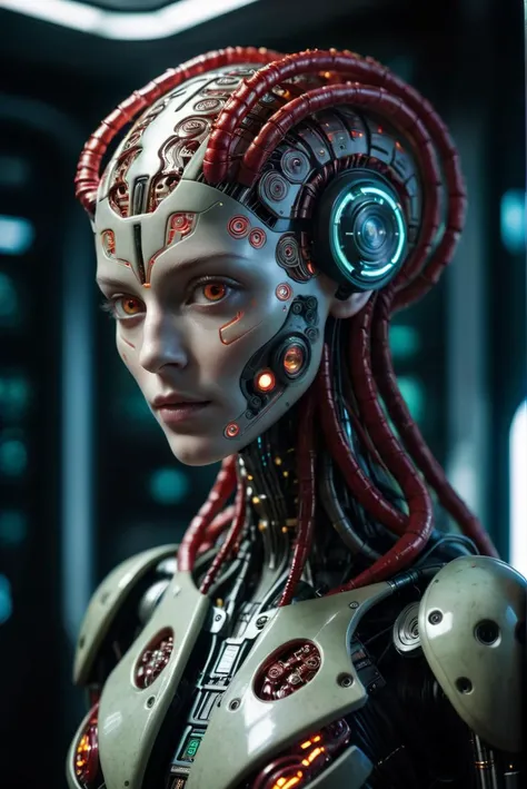 RAW Photography,alien humanoid, photo of a futuristic artificial intelligence superstar with frames made of detailed circuits. artificial brain. marvel studios . creative character design for cyberpunk, red fiery lovecraftian tentacles, (sharpness in detai...