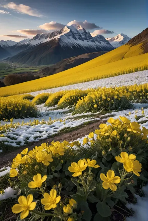 RAW Photography,Snow-capped mountains, rapeseed flowers, sunrise, white clouds, (sharpness in detail:1.1), Canon EOS 5D Mark IV, masterpiece, 35mm photograph, (iconic photograph:1.4), (visual storytelling:1.2), film grain, award winning photography,vibrant...