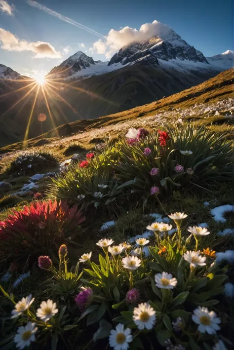 RAW Photography,Snow-capped mountains, flowers and moos, sunrise, sunrays, white clouds,lens flare, low wide angle,, (sharpness in detail:1.1), Canon EOS 5D Mark IV, masterpiece, 35mm photograph, (iconic photograph:1.4), (visual storytelling:1.2), film gra...