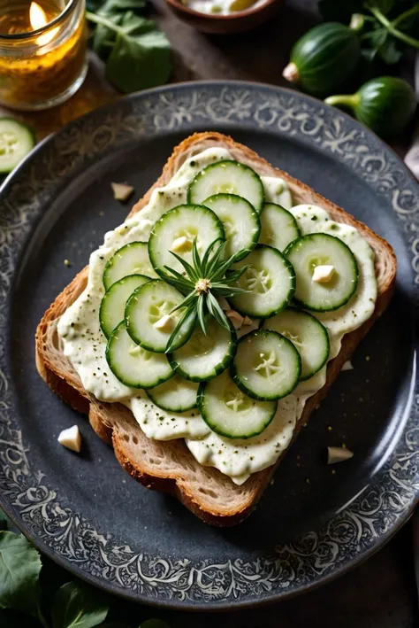 RAW Photography,a gourmet cucumber sandwich on thin, soggy bread, liberally smeared with mayonnaise, seasoned with salt and pepper. The sandwich is on premium black a golden abstract-patterned plate, framed by a lush array of garlic and foliage spices, top...