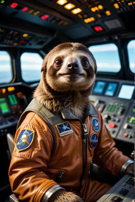 RAW Photography,A cute and tiny sloth captain inside the space shuttles control cockpit, (sharpness in detail:1.1), Canon EOS 5D Mark IV, masterpiece, 35mm photograph, (iconic photograph:1.4), (visual storytelling:1.2), film grain, award winning photograph...