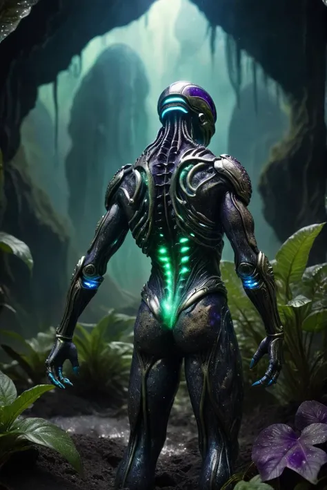 a chrome [alien:predator] arm_behind_back on another planet,glow green acid rain,glowing word from amethyst geode,wet skin,blue plants,, intricate detailed background, magical atmosphere, wind of magic spell in the air, dark magic, glowing floating particl...