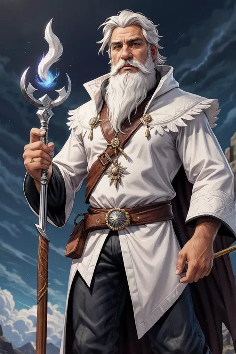 male, cowboy shot of old wizard, white hair, beard, white tabard, staff, crow, storm