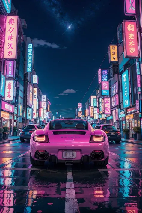 vaporwave style of porsche driving through tokyo. cyberpunk, vaporwave, neon, vibes, vibrant, stunningly beautiful, crisp, detailed, sleek, ultramodern, magenta highlights, dark purple shadows, high contrast, cinematic, ultra detailed, intricate, professio...