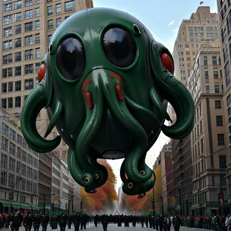 <lora:B41100n_01C-final:0.9>,a raw photograph of a large helium filled (B41100n balloon:1.1) shaped like (happy baby cthulhu:1.2),floating high above the street with team holding guide ropes,near Central Park in New York City,during Macys parade,with park ...