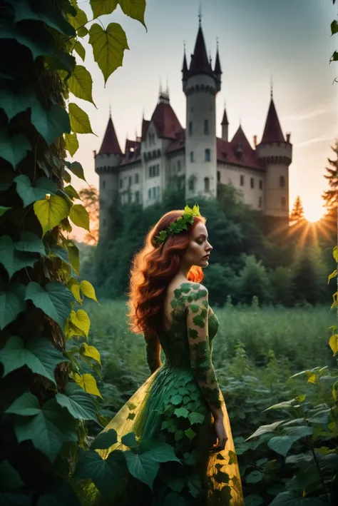 Documentary RAW Photography,Mural design fusing a fantastical scene of a beautiful Poison Ivy in a magical forest, with a castle silhouette against a dramatic sunset, double exposure of Slavic folklore, (sharpness in detail:1.1), masterpiece, 35mm photogra...