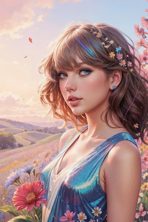 a beautiful Taylor Swift, Conrad Roset, iridescent, wildflowers, music notes falling