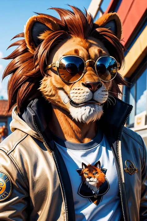 (dynamic pose:1.2),(dynamic camera),a a lion wearing sunglasses and a jacket, fur, high detail iconic character, googles, fursona wearing stylish clothes, close up character, super cool rocket, nick wilde