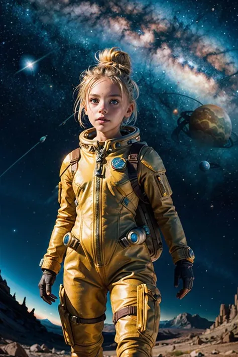 a woman in a space suit standing in front of a planet