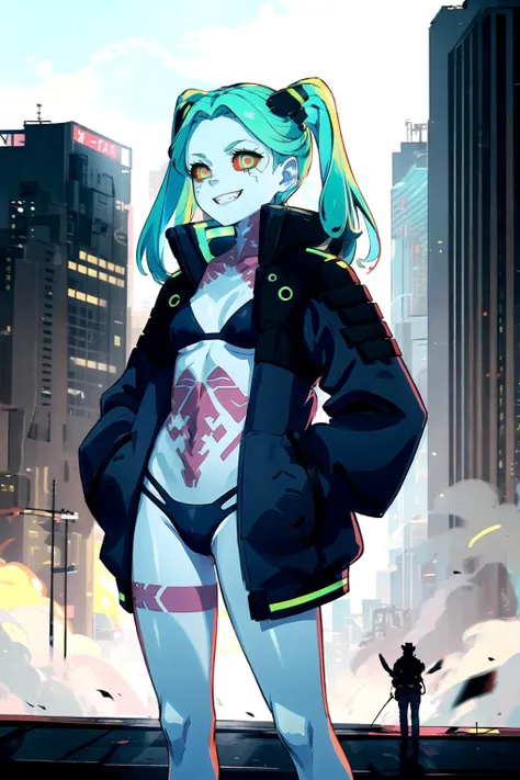 masterpiece, best quality, highres,  small figure, rebecca (cyberpunk), 1girl, (oversize jacket), mechanical eye, colored sclera, red sclera, leg tattoo, neck tattoo, twintails, green hair,  small breasts, colored skin, white skin, thong, hands in pockets,...