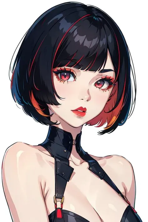 1girl,solo, upper body,looking at viewer, white background, bob cut, short hair, multicolored hair, makeup , parted lips, red lips, eyeliner,