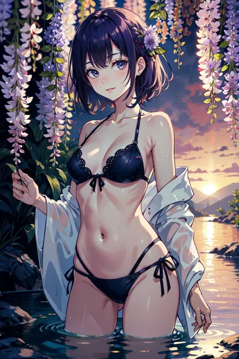 masterpiece, best quality, high quality, 
wading,looking at viewer,solo,water, sunset, onsen, wisteria,moody lighting, BREAK, 1girl, bikini, purple hair,