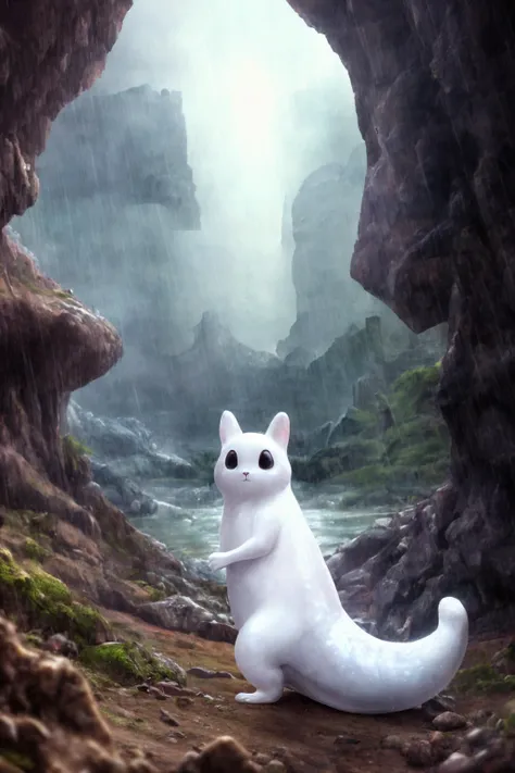 there is a white cat that is sitting in a cave