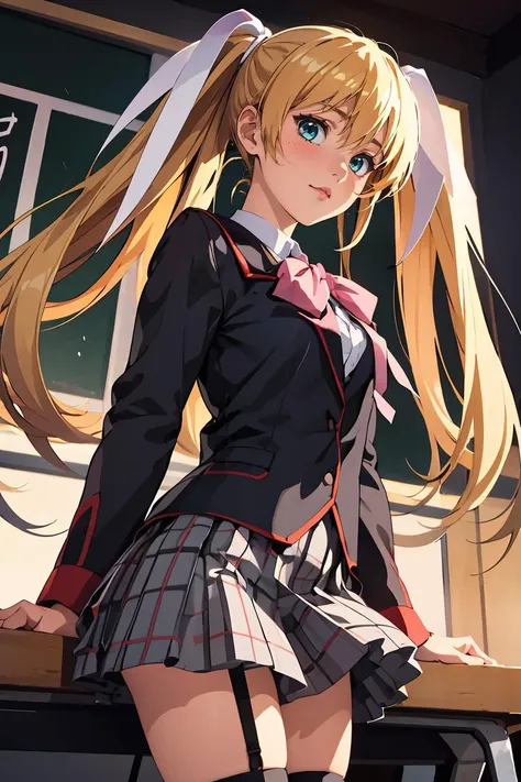 (masterpiece, best quality), 1girl,   <lora:littlebusters_tokido:0.8> tokido saya, twintails, hair ribbon, school uniform, jacket, pink bow, plaid skirt