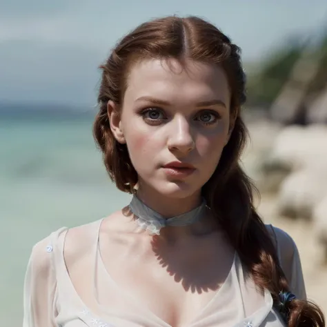 <lora:Dorothy Gale:0.7> dory,, closeup headshot, a gorgeous woman, on a (beach:1.2), wearing a (thin blouse:1.2), (8k, RAW photo, best quality, depth of field, ultra high res:1.2), (absurdres, intricate, photorealistic, masterpiece, ultra-detailed)