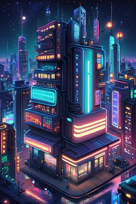 a city with neon lights and a car in the foreground