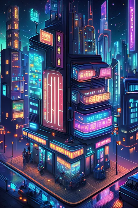 a city with neon lights and a tall building in the middle