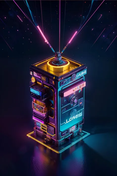 a colorful neon cube with a clock on top of it