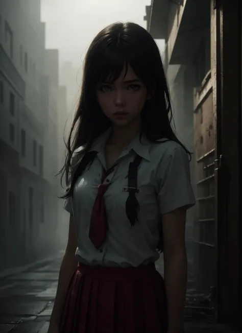 (realistic, cinematic, atmospheric perspective), beautiful girl, school girl