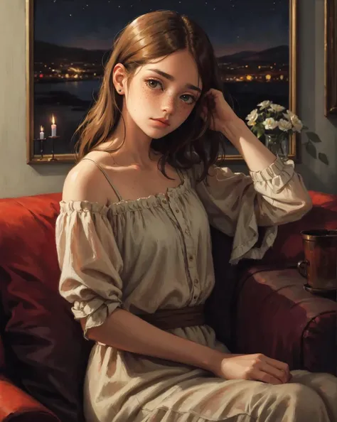 oil painting, woman with freckles, sitting on a sofa in a dim living room, shy pouting, shy posture, hand in hair, (night), [candle:0.3]