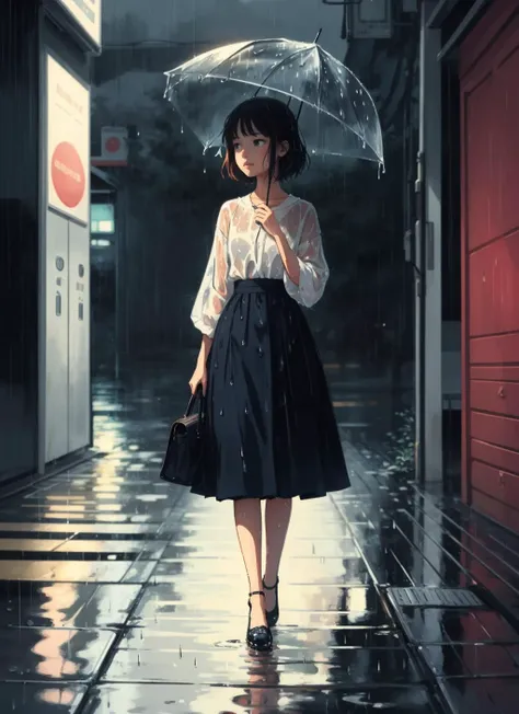 cute aesthetic illustration, flat anime, stylized digital art, (elegant woman standing in the rain, focused, wet), colorful styl...