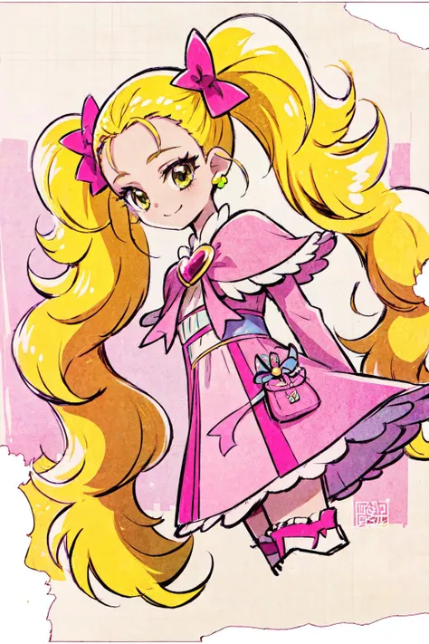 a drawing of a girl with long blonde hair and a pink dress