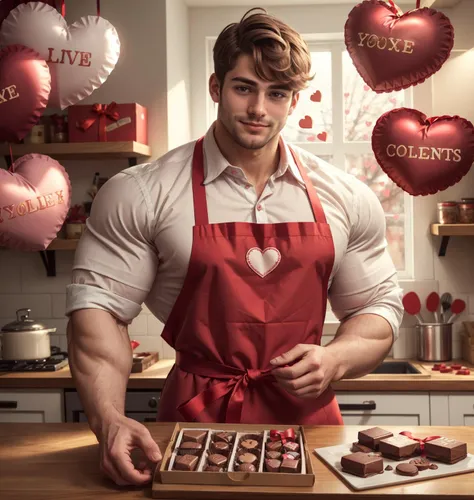 arafed man in apron holding a tray of chocolates in a kitchen