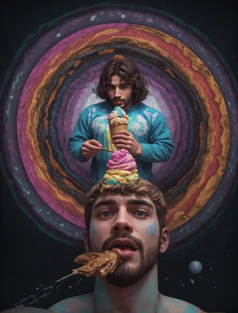 arafed man with a cone of ice cream and a man with a beard