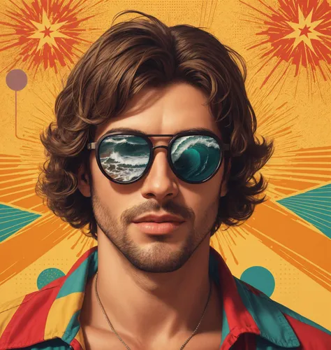 a close up of a man wearing sunglasses and a colorful shirt