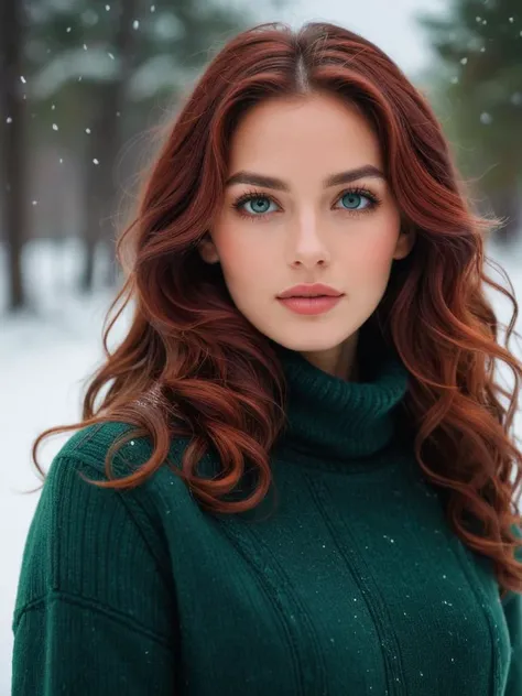 A stunning portrait of a beautiful young woman standing in the snow. She is wearing a long coat and a turtleneck sweater. Her skin is flawless and her eyes are a piercing green. Her hair is long, wavy, and red, perfectly framing her face. The lighting is s...