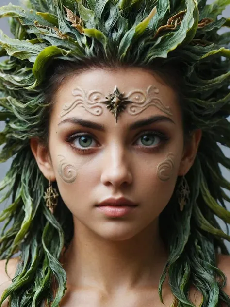 a woman with a green headpiece and a face tattoo